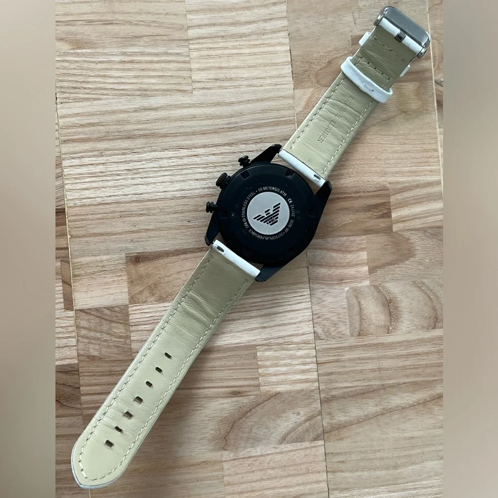 Emporio Armani Chronograph Watch Black Solid Stainless Case White Leather Strap